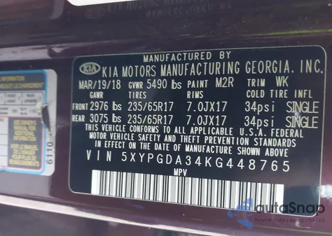 2019 Kia Sorento 2.4L Lx z USA, uszkodzony, nr VIN 5XYPGDA34KG448765